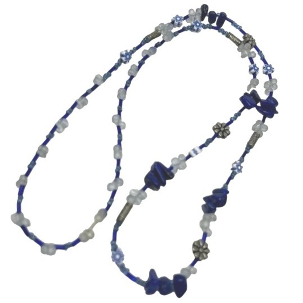 Handmade Beaded Necklace Blue Silver Tone‎ and White Beads 28 inches